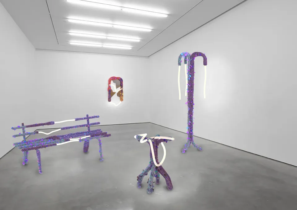 Rottame objects — chair, bench, mirror and floor lamp