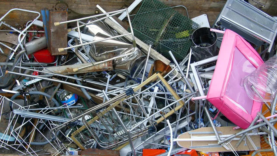 Metal frames salvaged from a local recycling yard